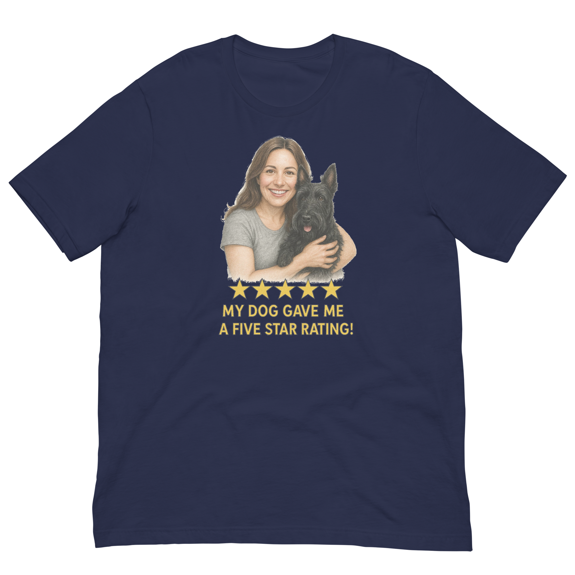 Brunette Woman with Scottie graphic tee - navy