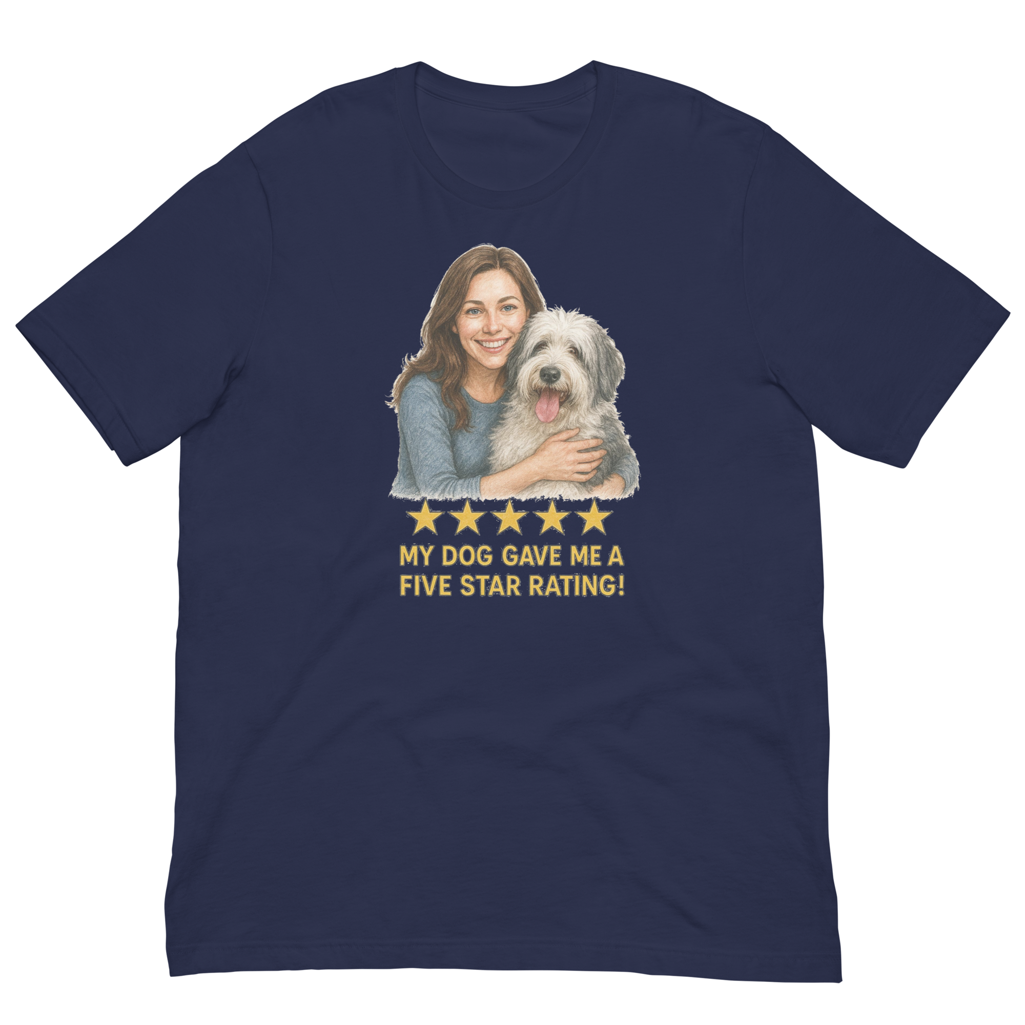 Brunette Woman with Sheepdog graphic tee - navy