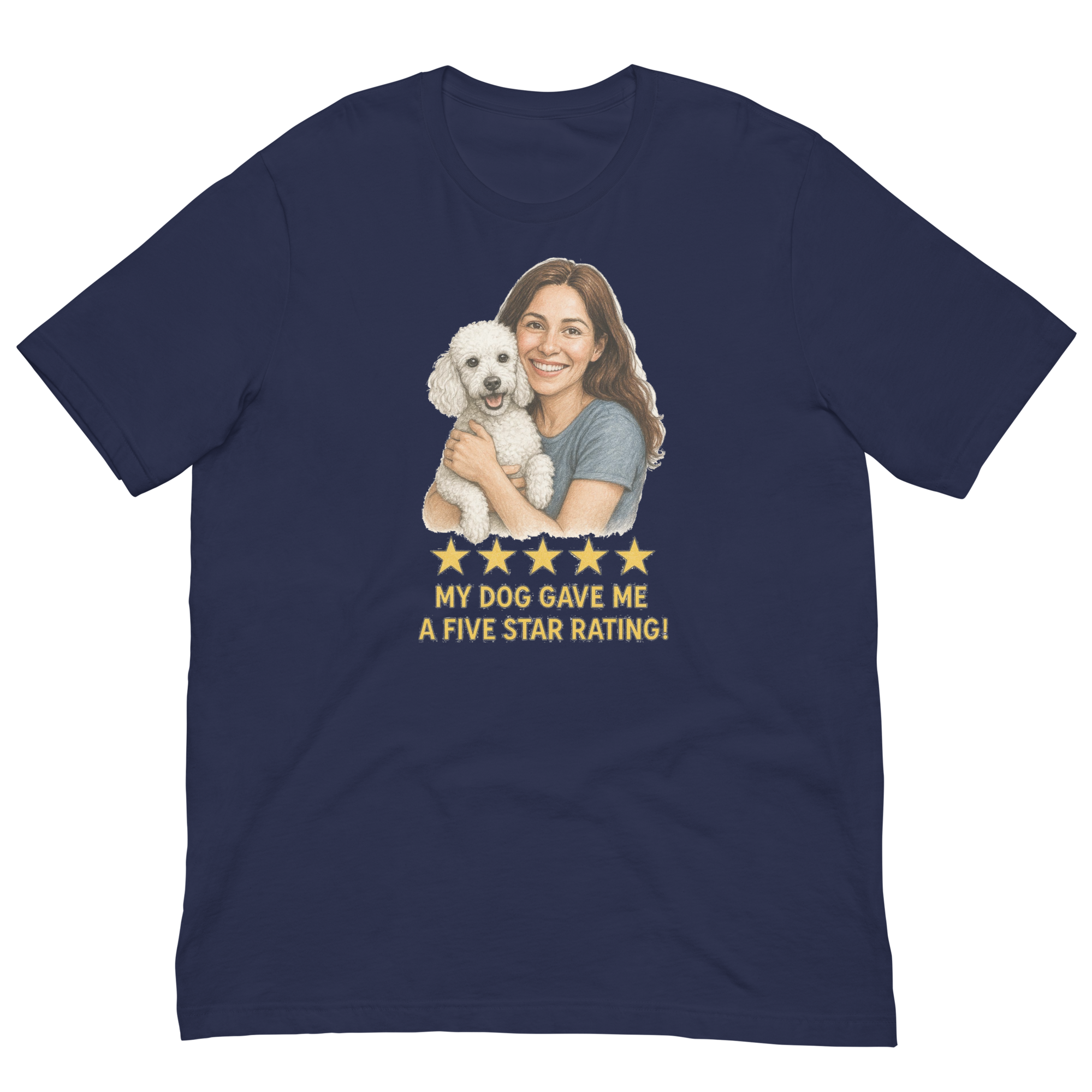 Brunette Woman with White Poodle graphic tee - navy