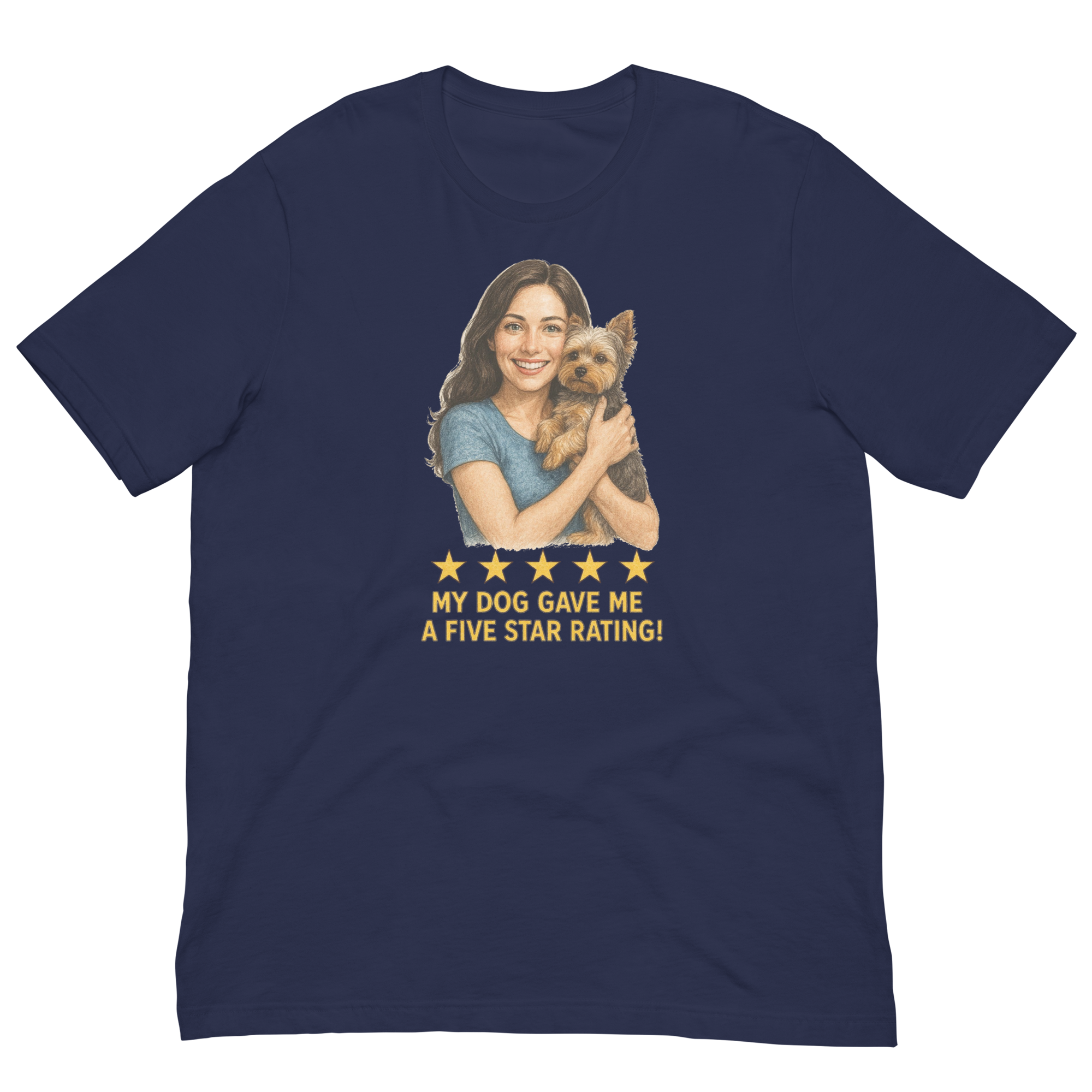 Brunette Woman with Yorkie graphic tee - navy