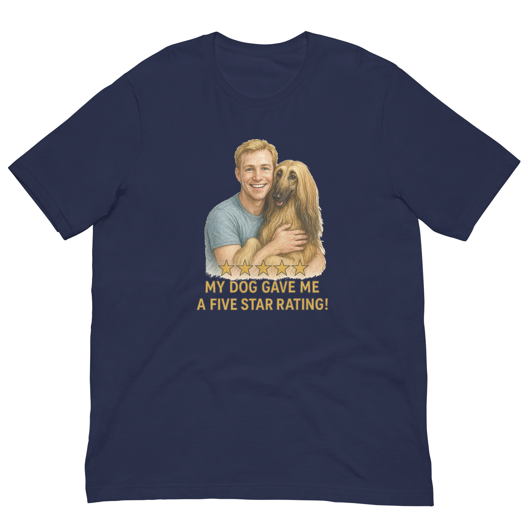 Blonde Man with Afghan Hound graphic tee.