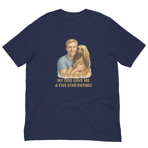 Blonde Man with Afghan Hound graphic tee.