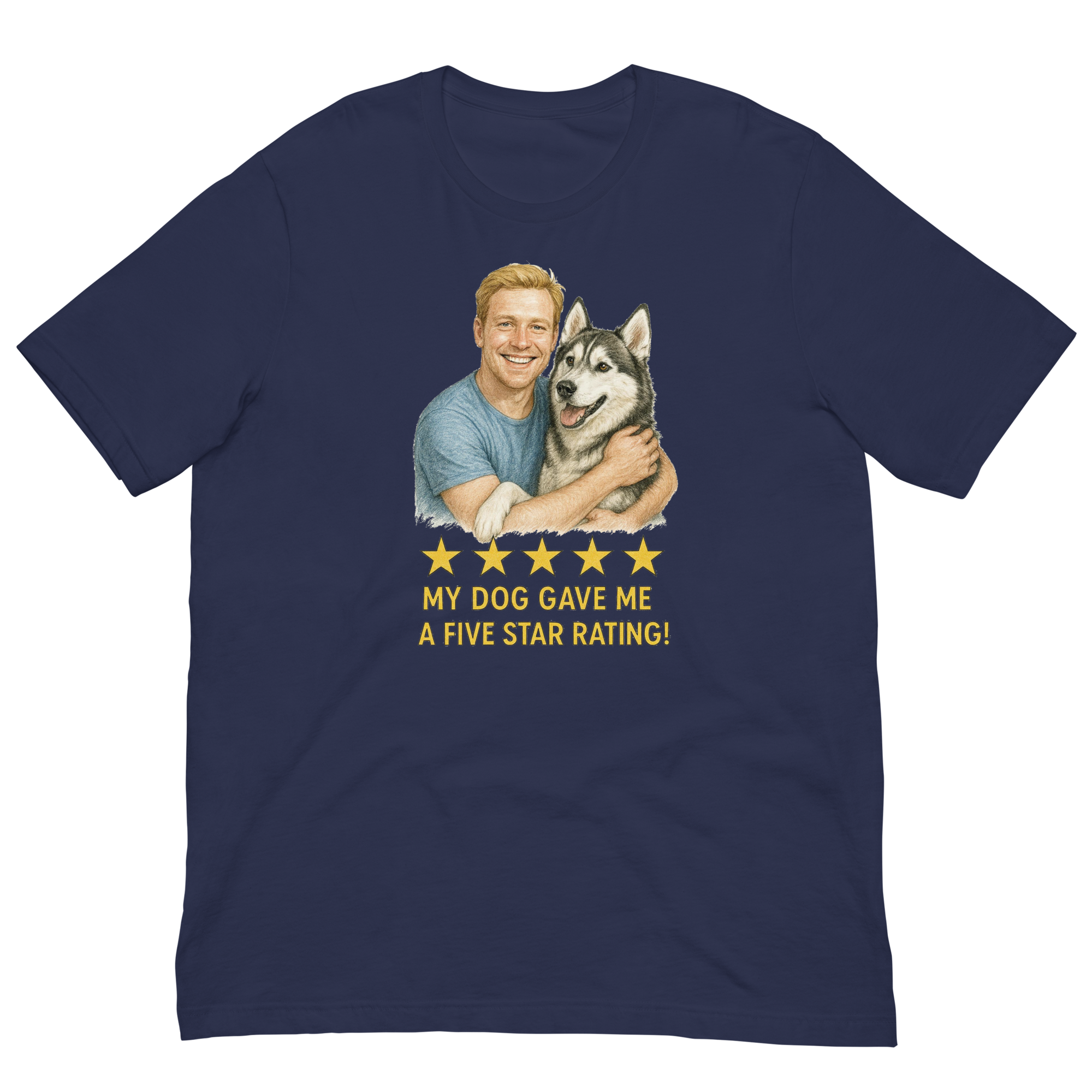 Blonde Man with Alaskan Husky graphic tee.