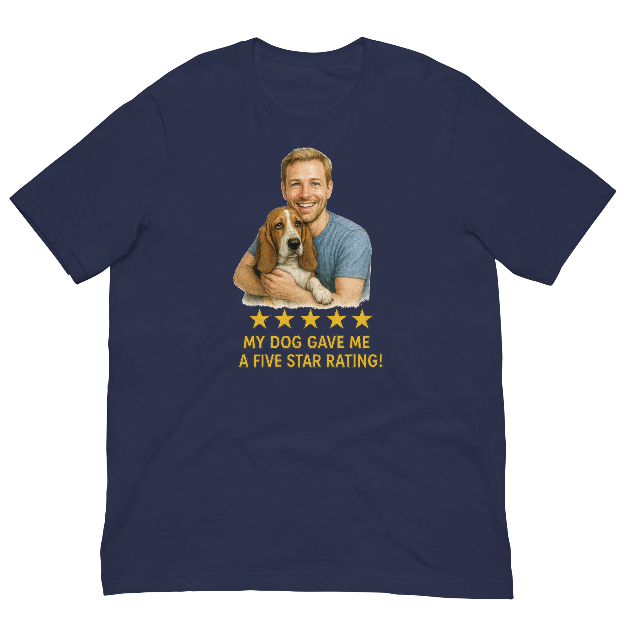 Blonde Man with Basset Hound graphic tee.