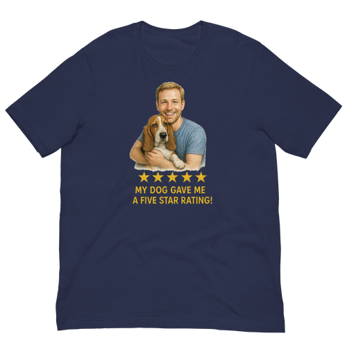 Blonde Man with Basset Hound graphic tee.