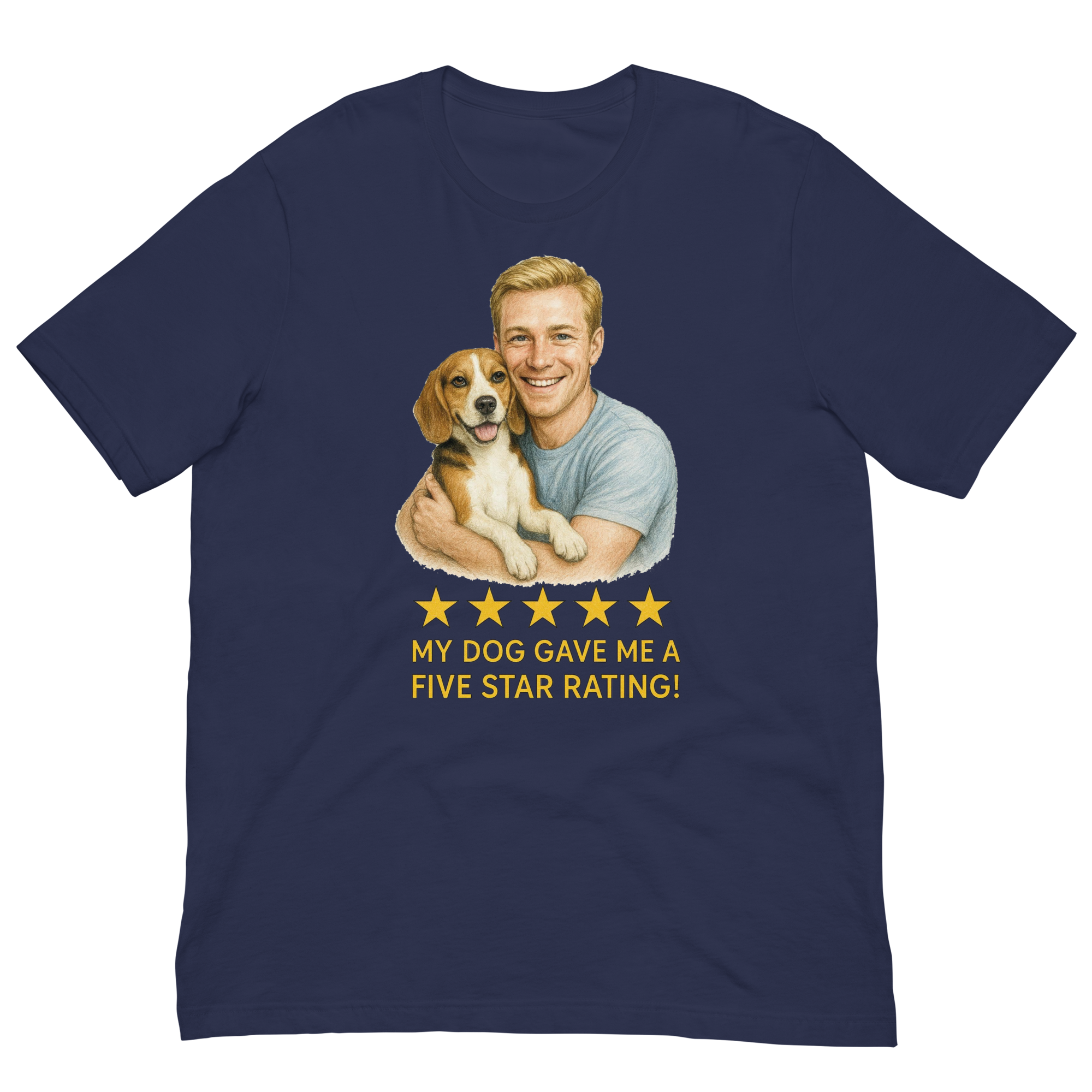 Blonde Man with Beagle graphic tee.