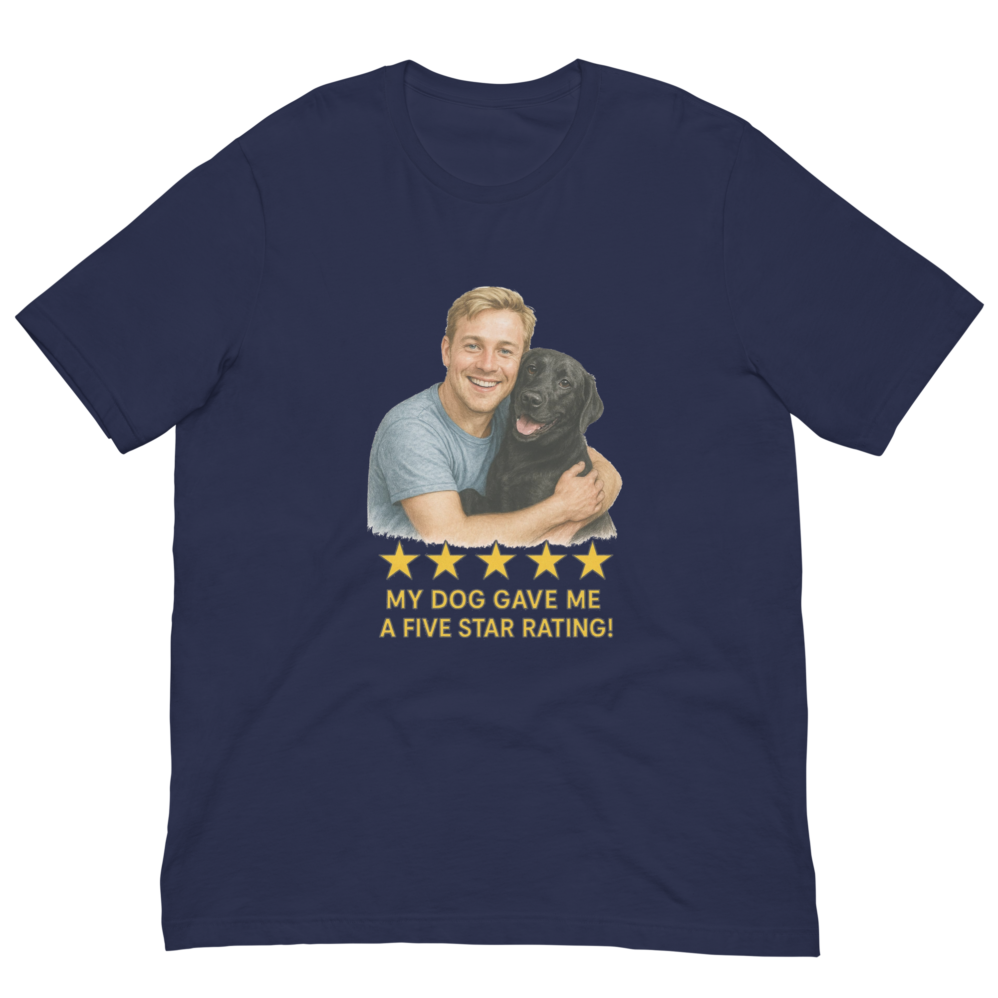 Blonde Man with Black Labrador graphic tee.