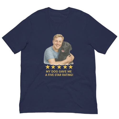 Blonde Man with Black Labrador graphic tee.
