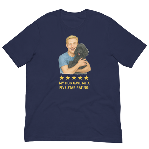 Blonde Man with Black Poodle graphic tee.