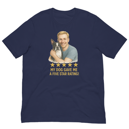 Blonde Man with Boston Terrier graphic tee.