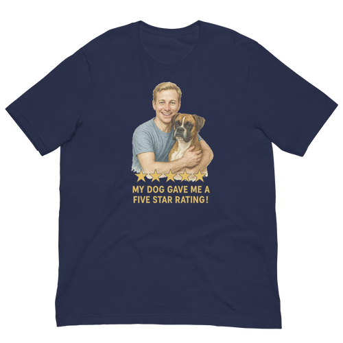 Blonde Man with Boxer graphic tee.