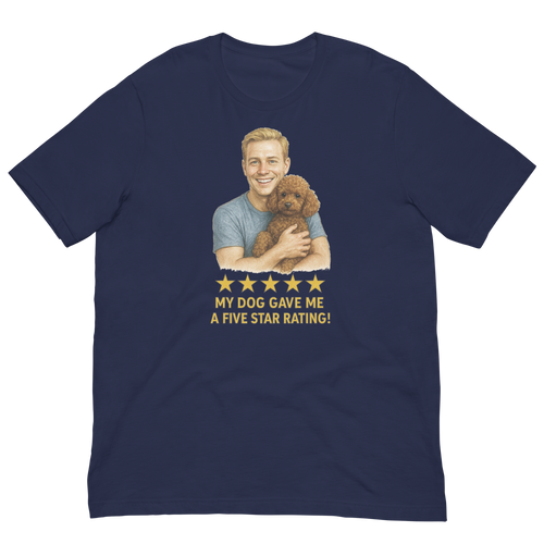 Blonde Man with Brown Poodle graphic tee.