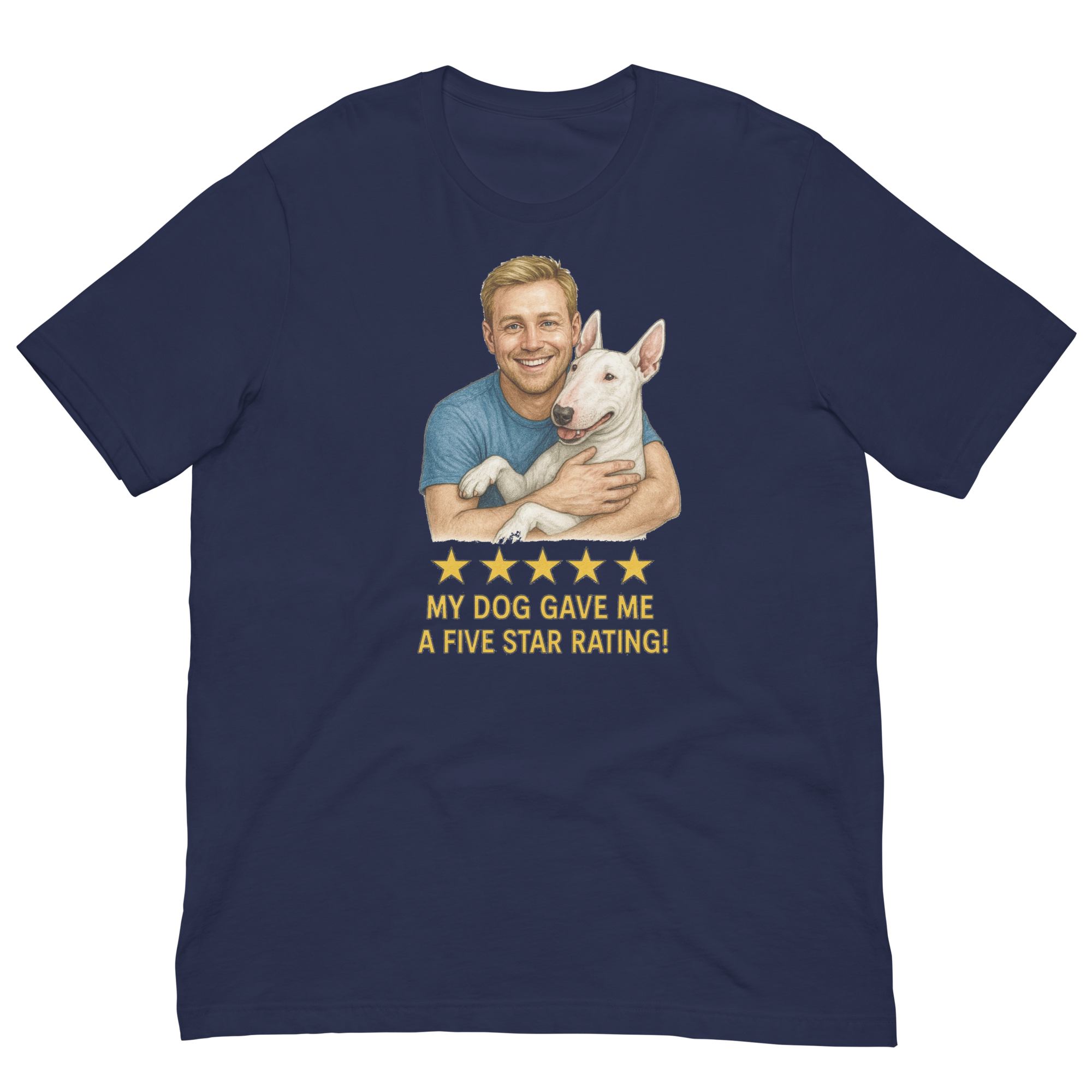 Blonde Man with Bull Terrier graphic tee.