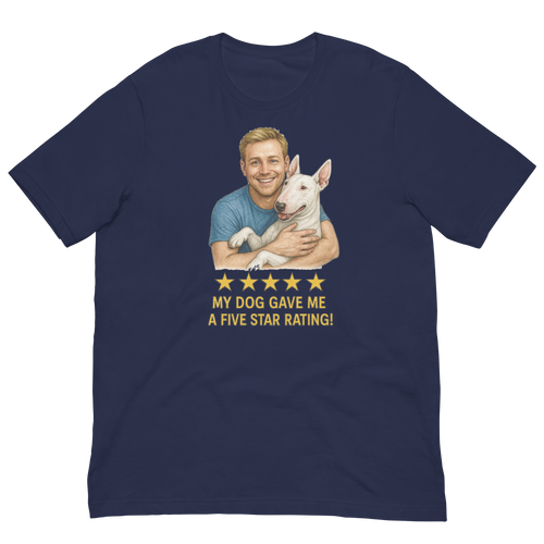 Blonde Man with Bull Terrier graphic tee.