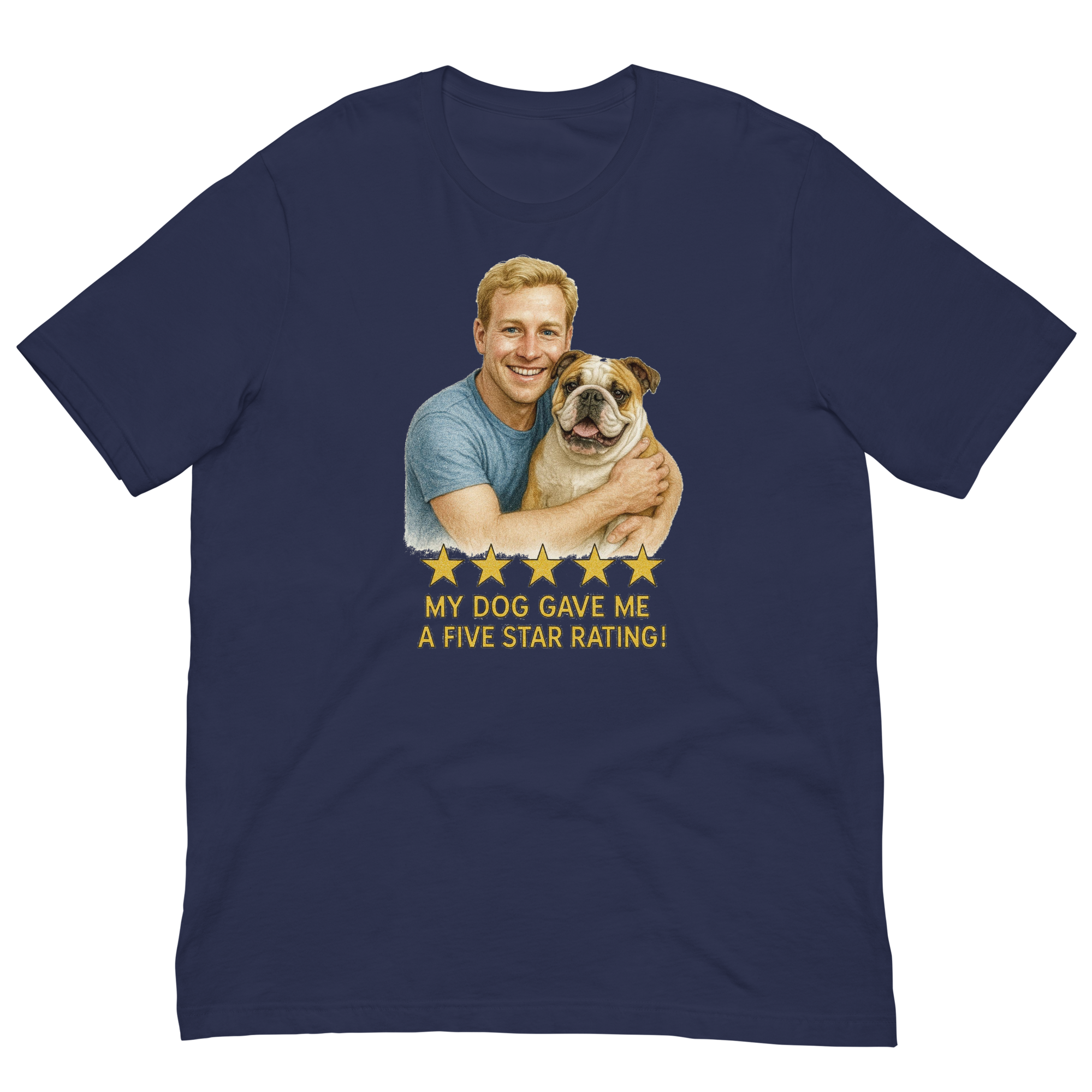 Blonde Man with Bulldog graphic tee.