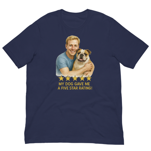 Blonde Man with Bulldog graphic tee.