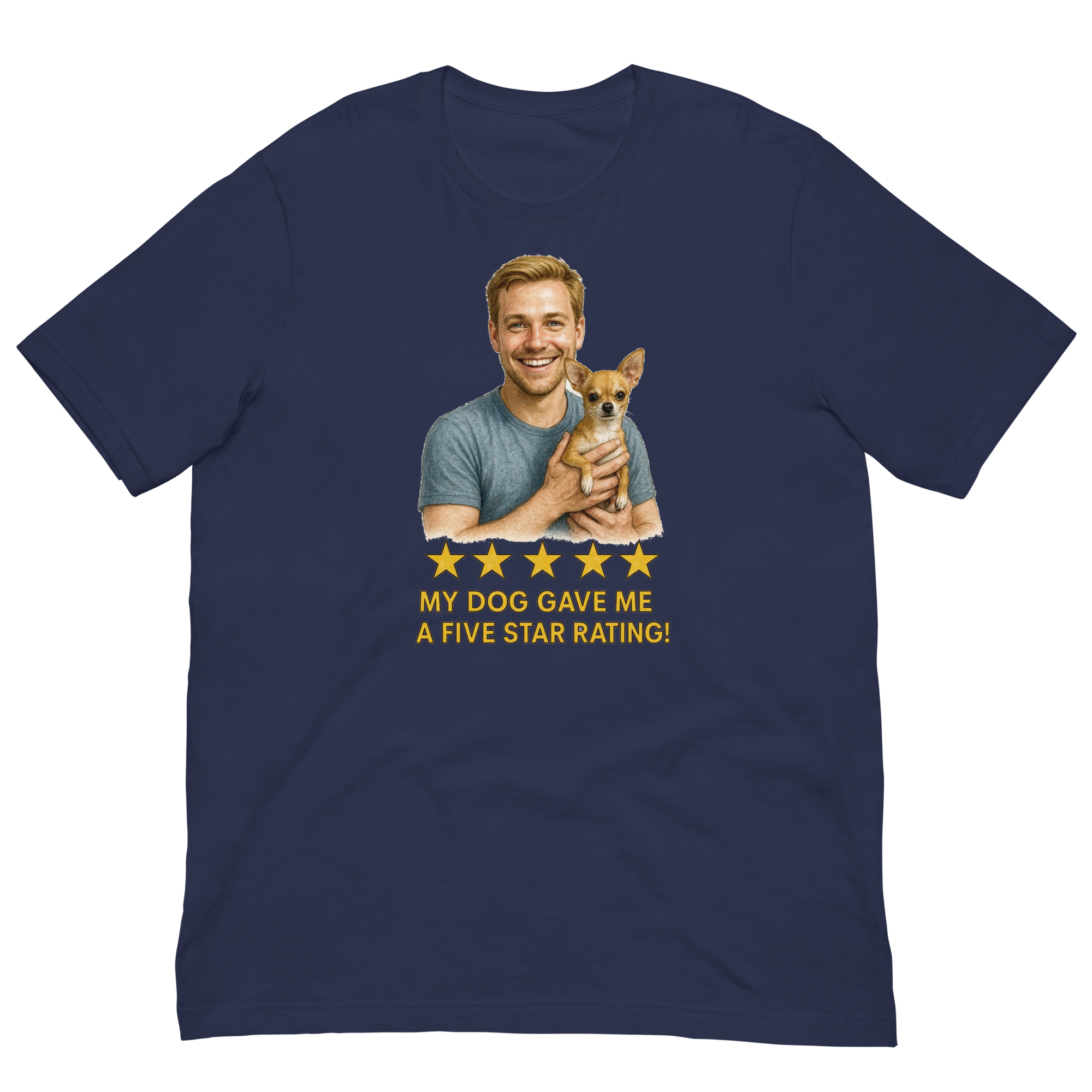 Blonde Man with Chihuahua graphic tee.