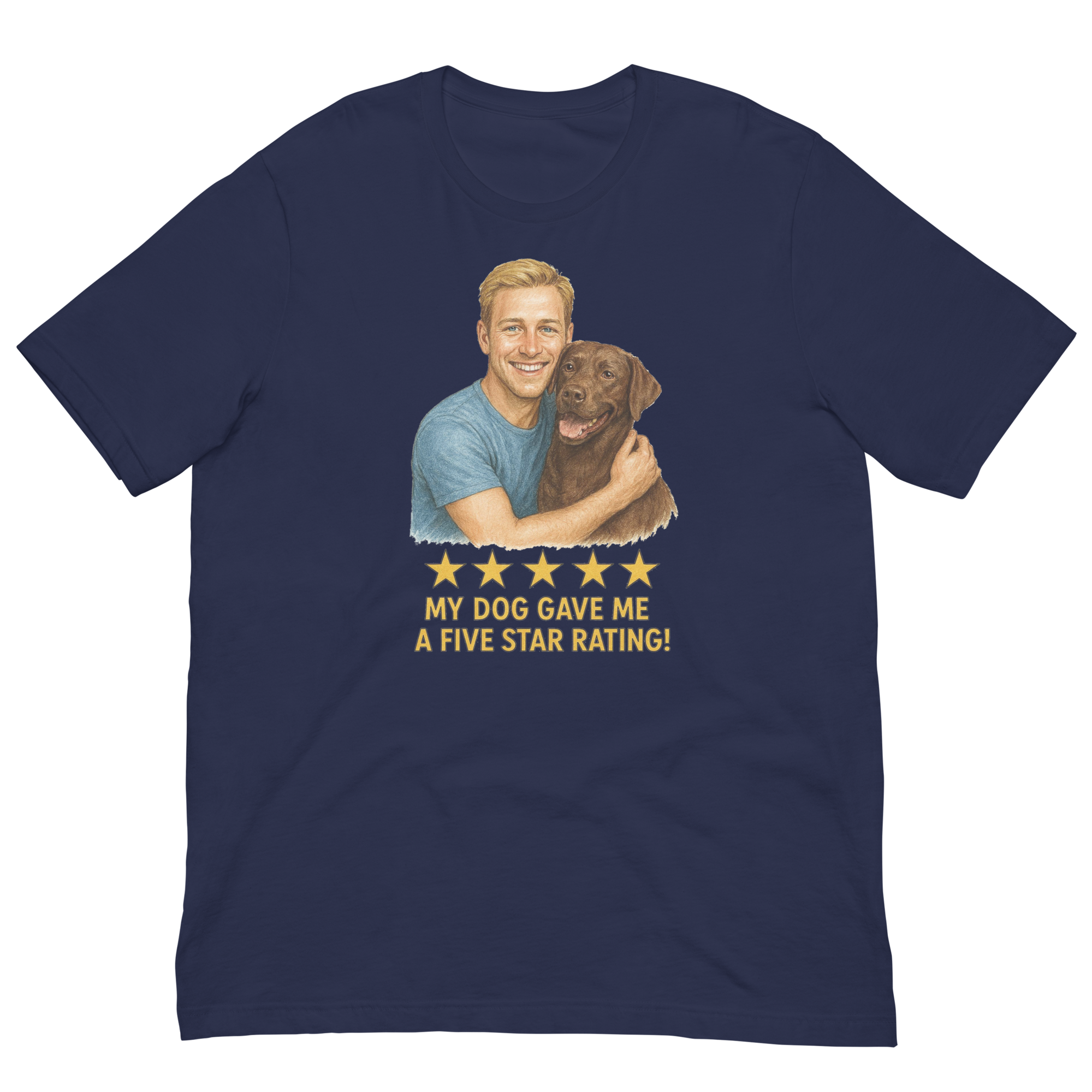 Blonde Man with Chocolate Labrador graphic tee.
