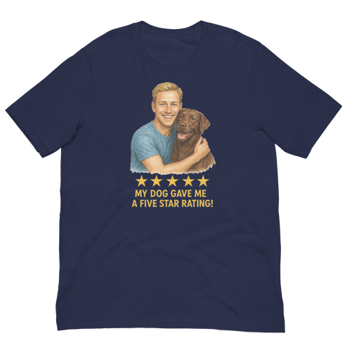 Blonde Man with Chocolate Labrador graphic tee.