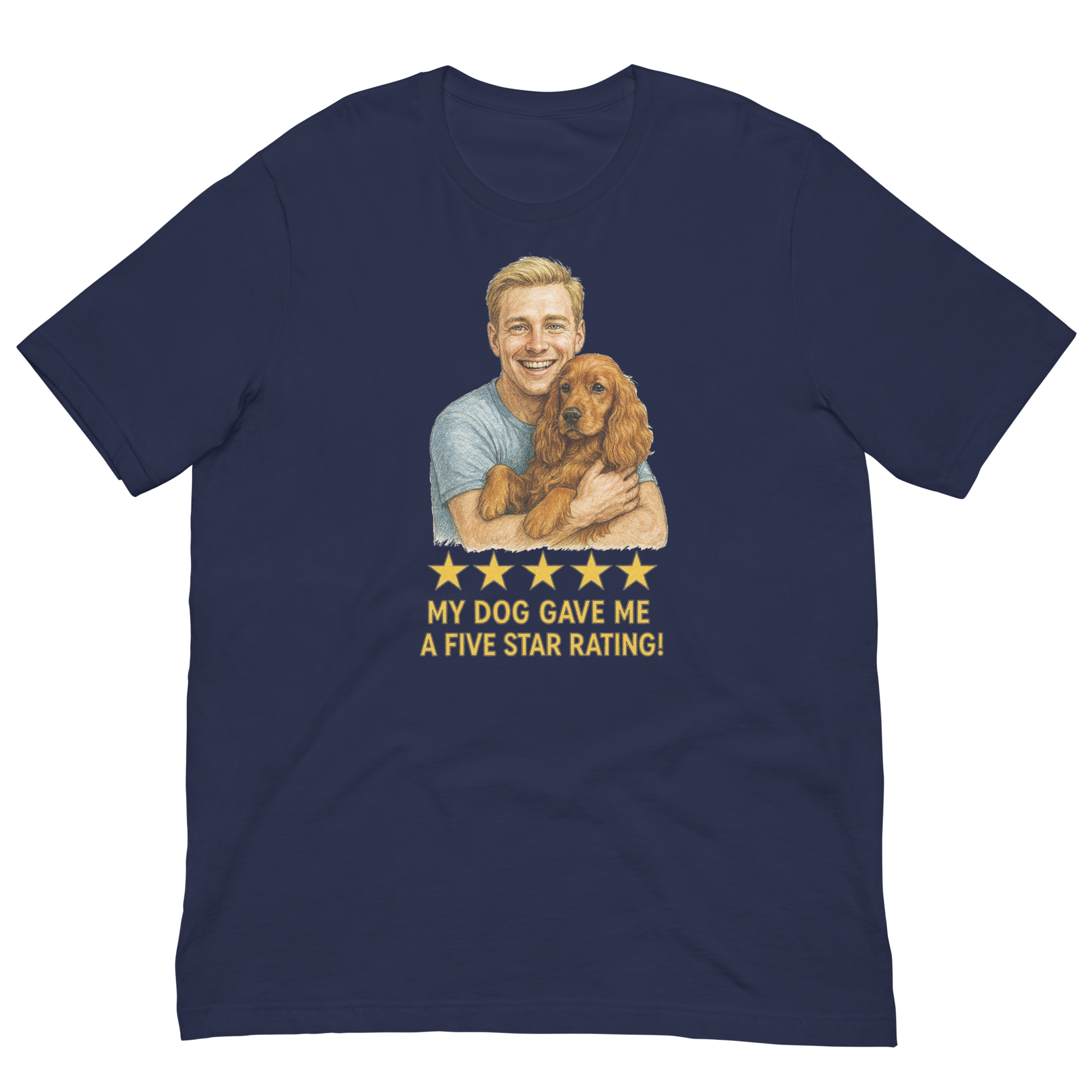 Blonde Man with Cocker Spaniel graphic tee.