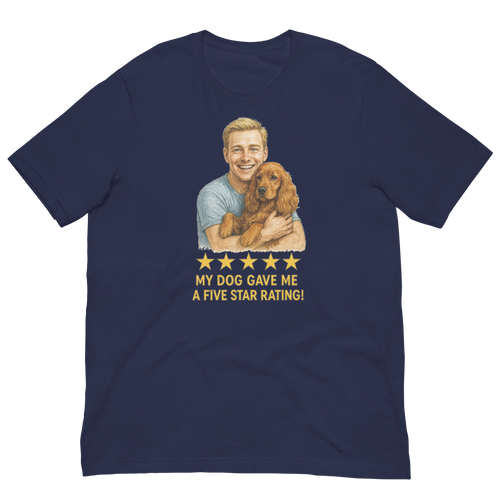 Blonde Man with Cocker Spaniel graphic tee.