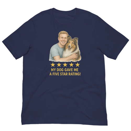 Blonde Man with Collie graphic tee.