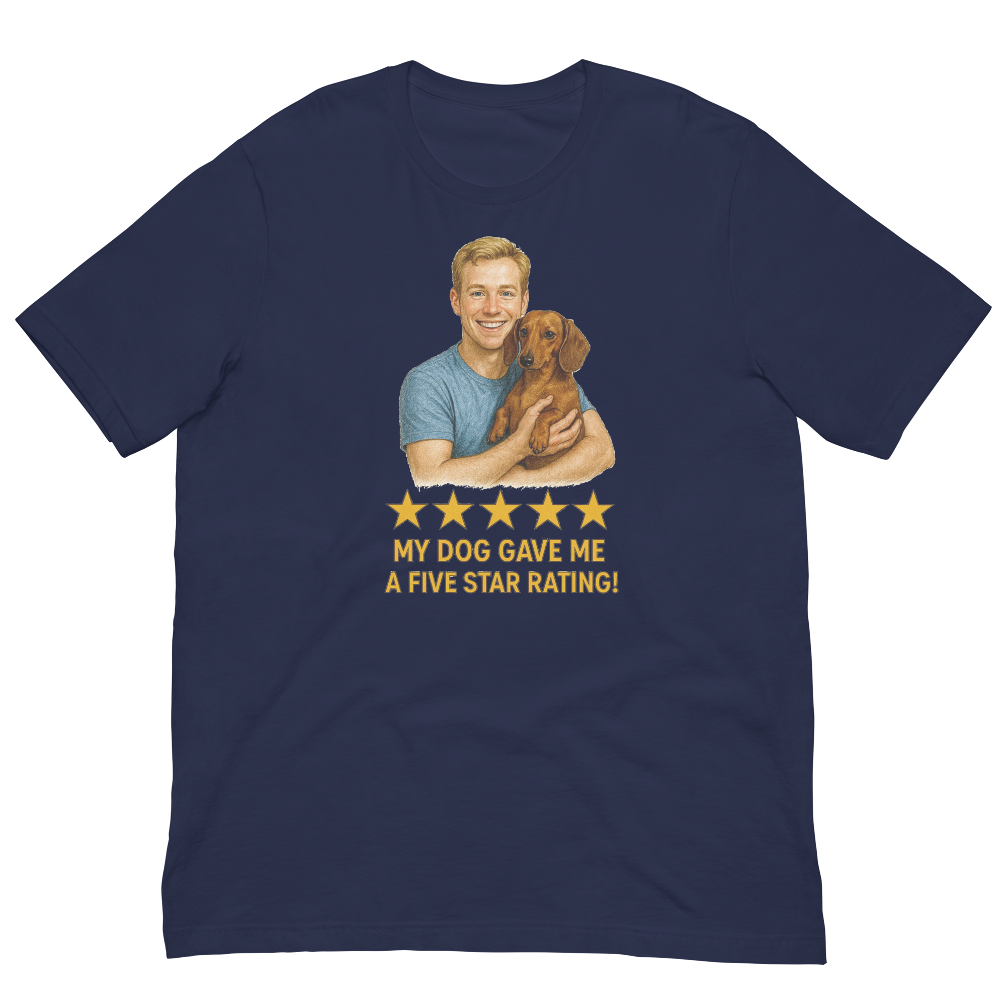 Blonde Man with Dachshund graphic tee.