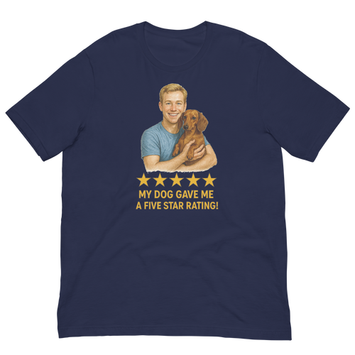 Blonde Man with Dachshund graphic tee.