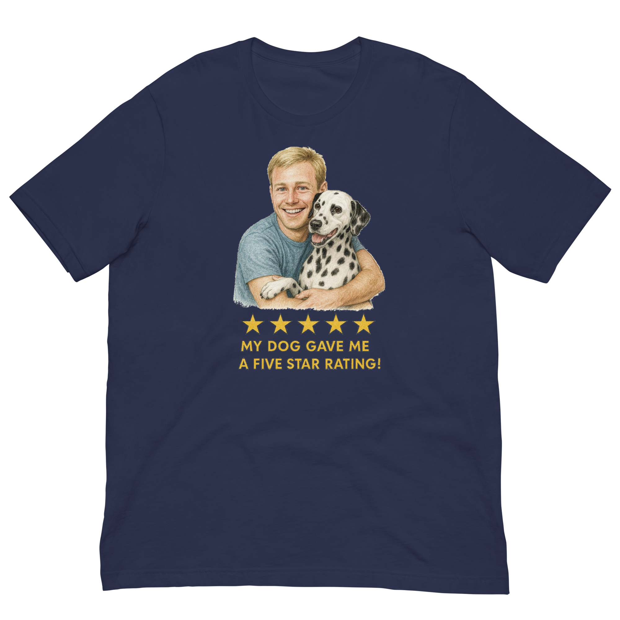 Blonde Man with Dalmatian graphic tee.