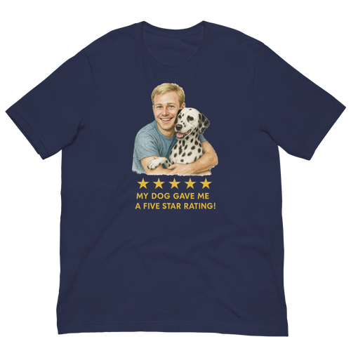 Blonde Man with Dalmatian graphic tee.