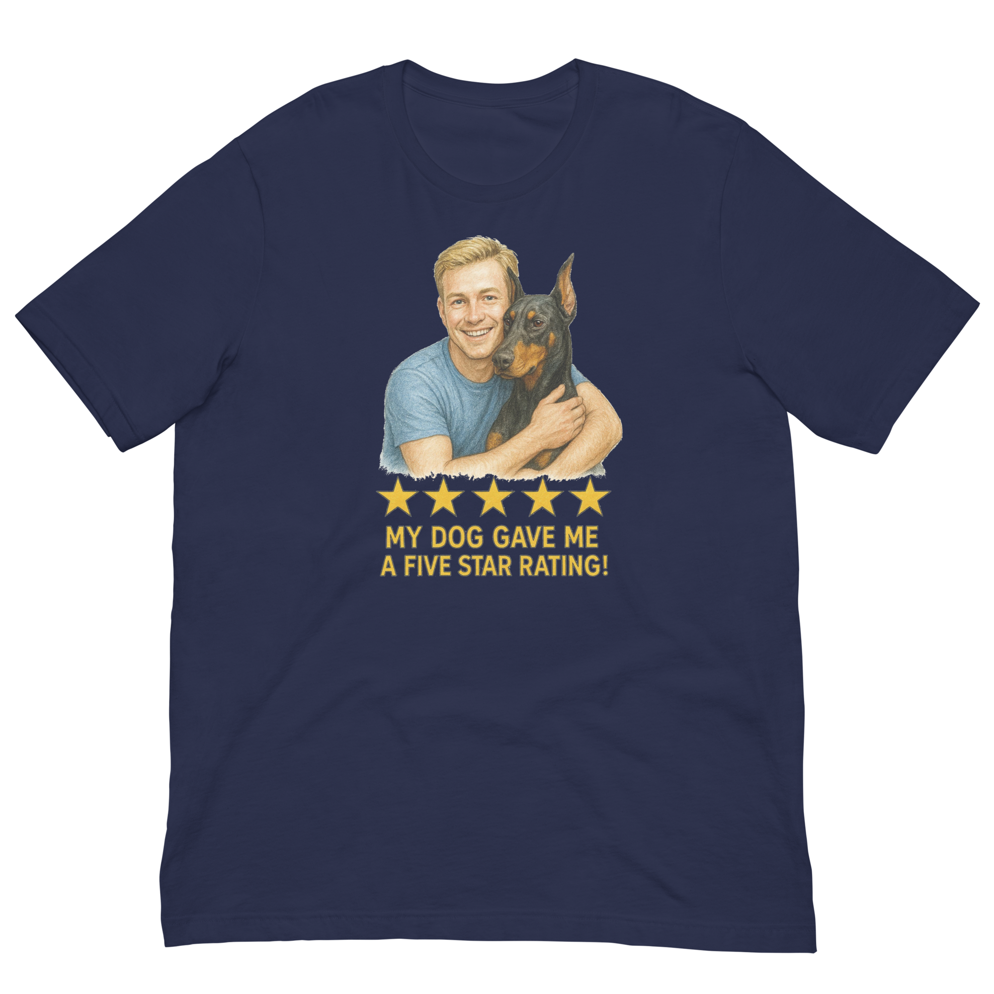 Blonde Man with Doberman Pinscher graphic tee.