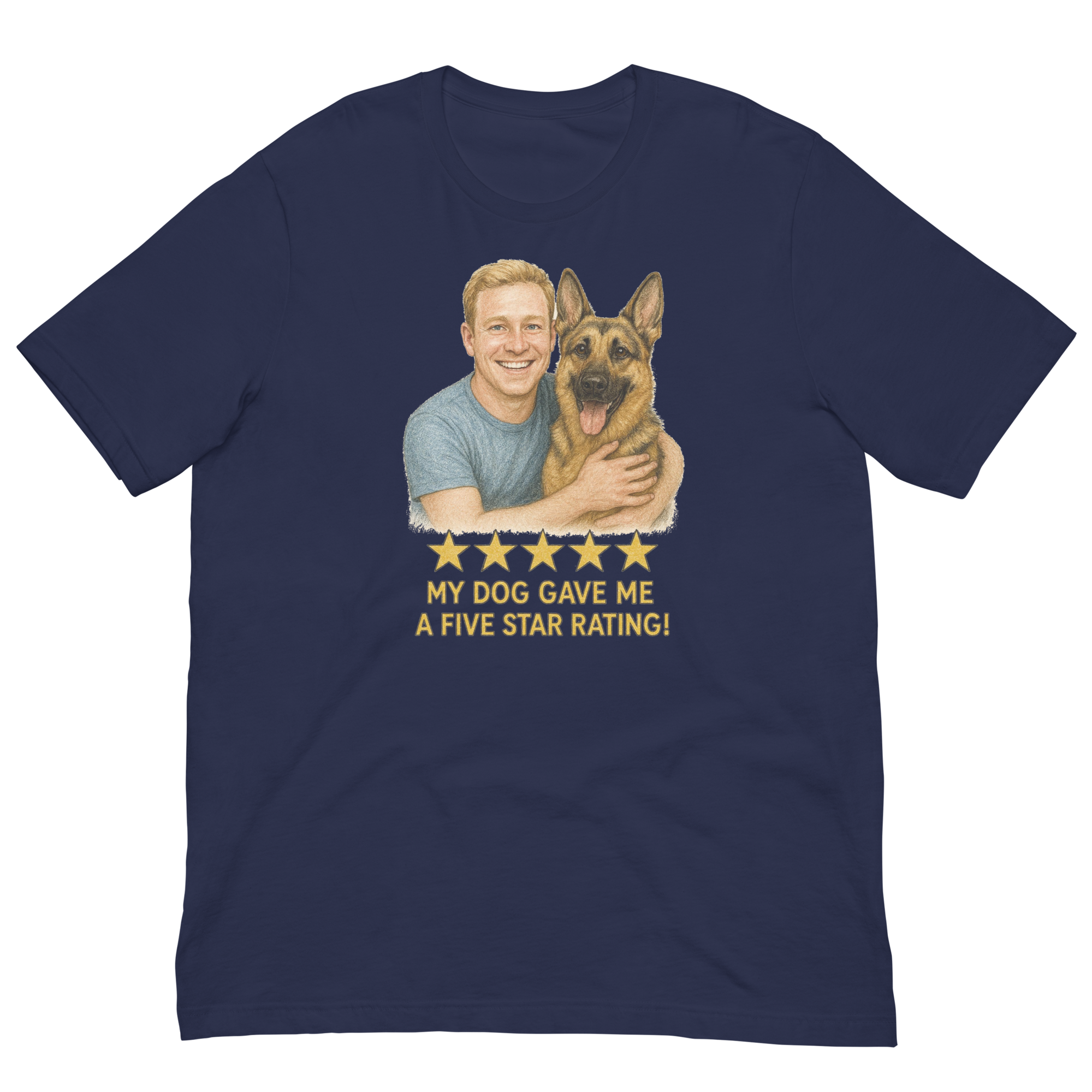 Blonde Man with German Shepherd graphic tee.