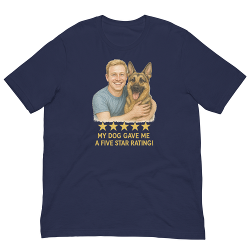 Blonde Man with German Shepherd graphic tee.