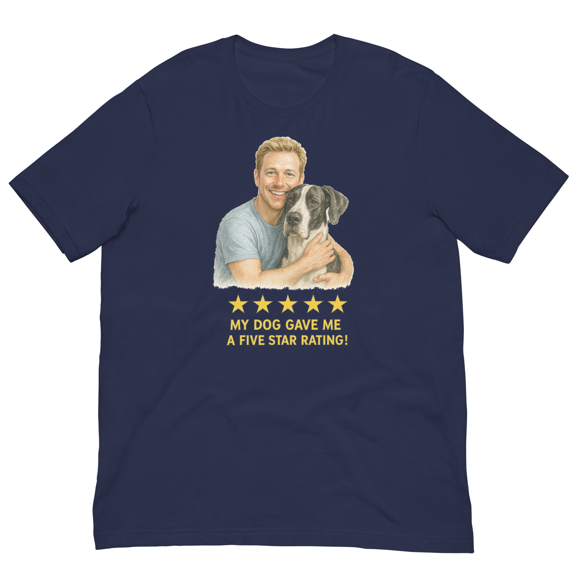 Blonde Man with Great Dane graphic tee.