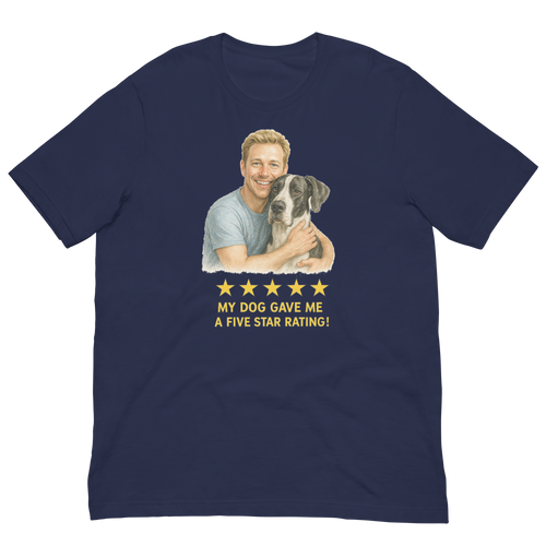 Blonde Man with Great Dane graphic tee.