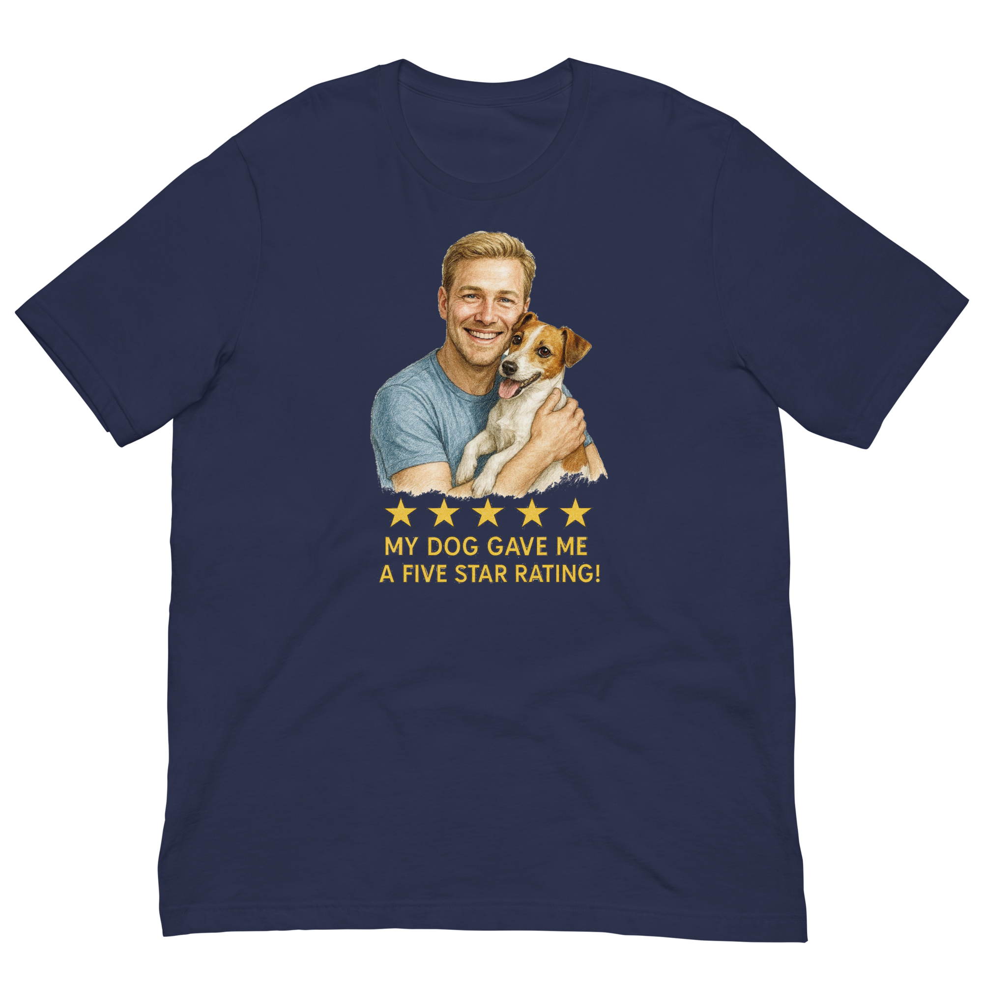 Blonde Man with Jack Russell Terrier graphic tee.