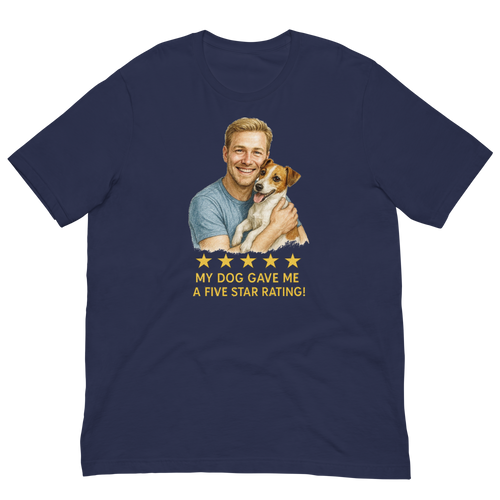 Blonde Man with Jack Russell Terrier graphic tee.