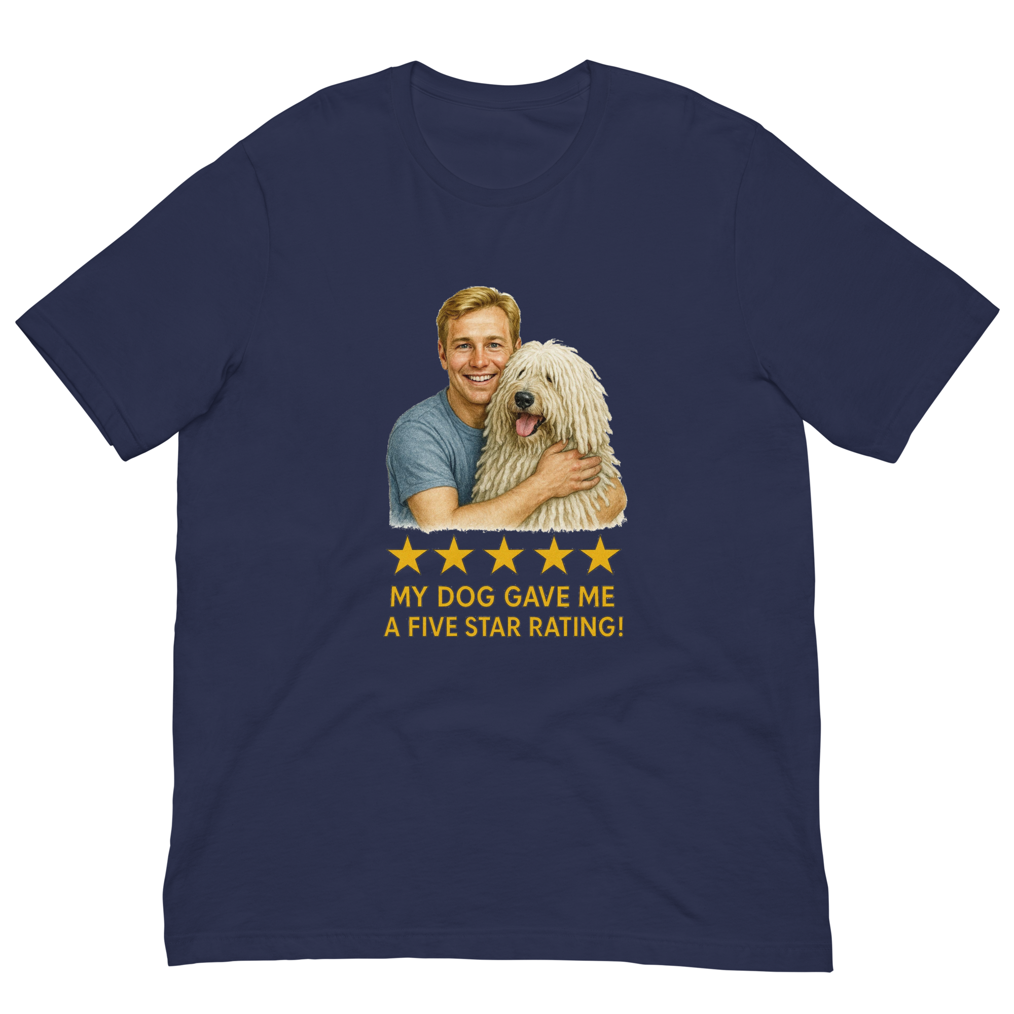 Blonde Man with Komondor graphic tee.