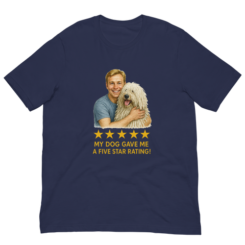 Blonde Man with Komondor graphic tee.