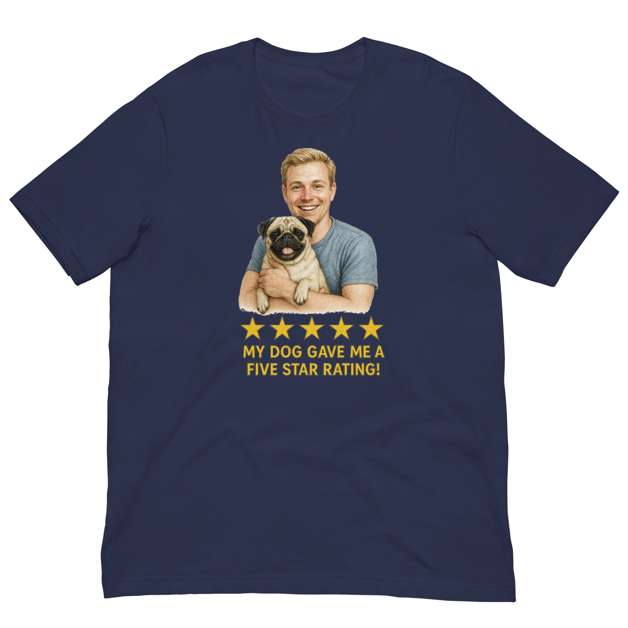 Blonde Man with Pug graphic tee.
