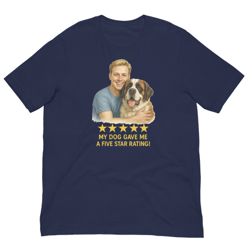 Blonde Man with Saint Bernard graphic tee.