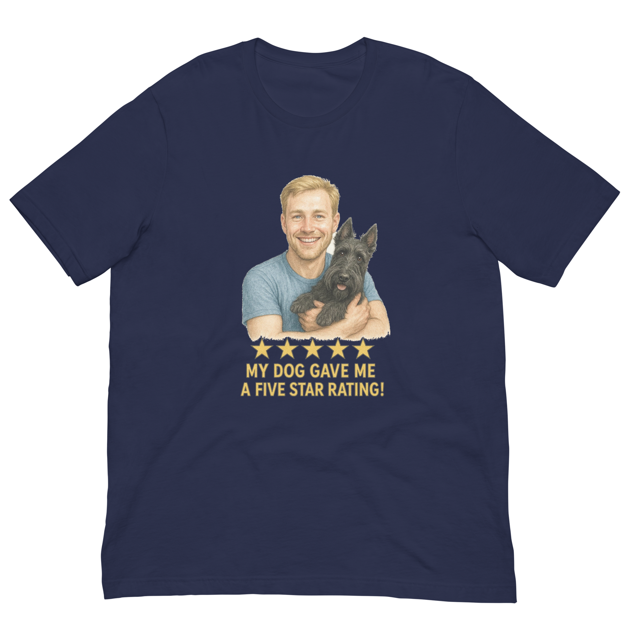 Blonde Man with Scottie graphic tee.
