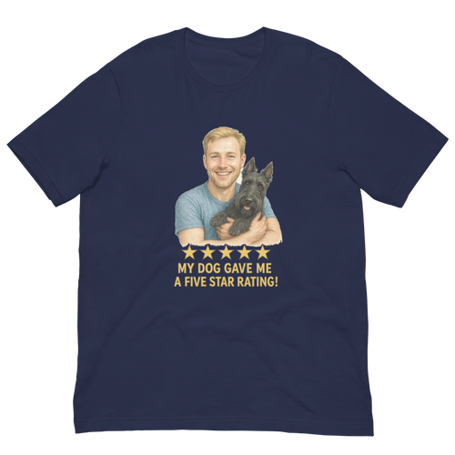 Blonde Man with Scottie graphic tee.