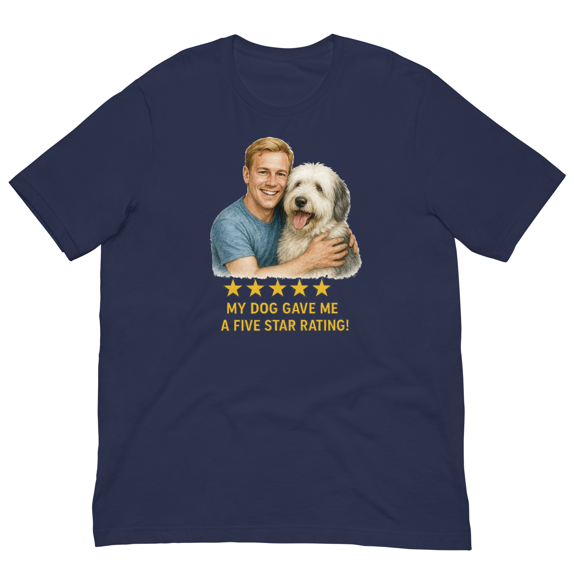 Blonde Man with Sheepdog graphic tee.