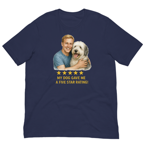 Blonde Man with Sheepdog graphic tee.