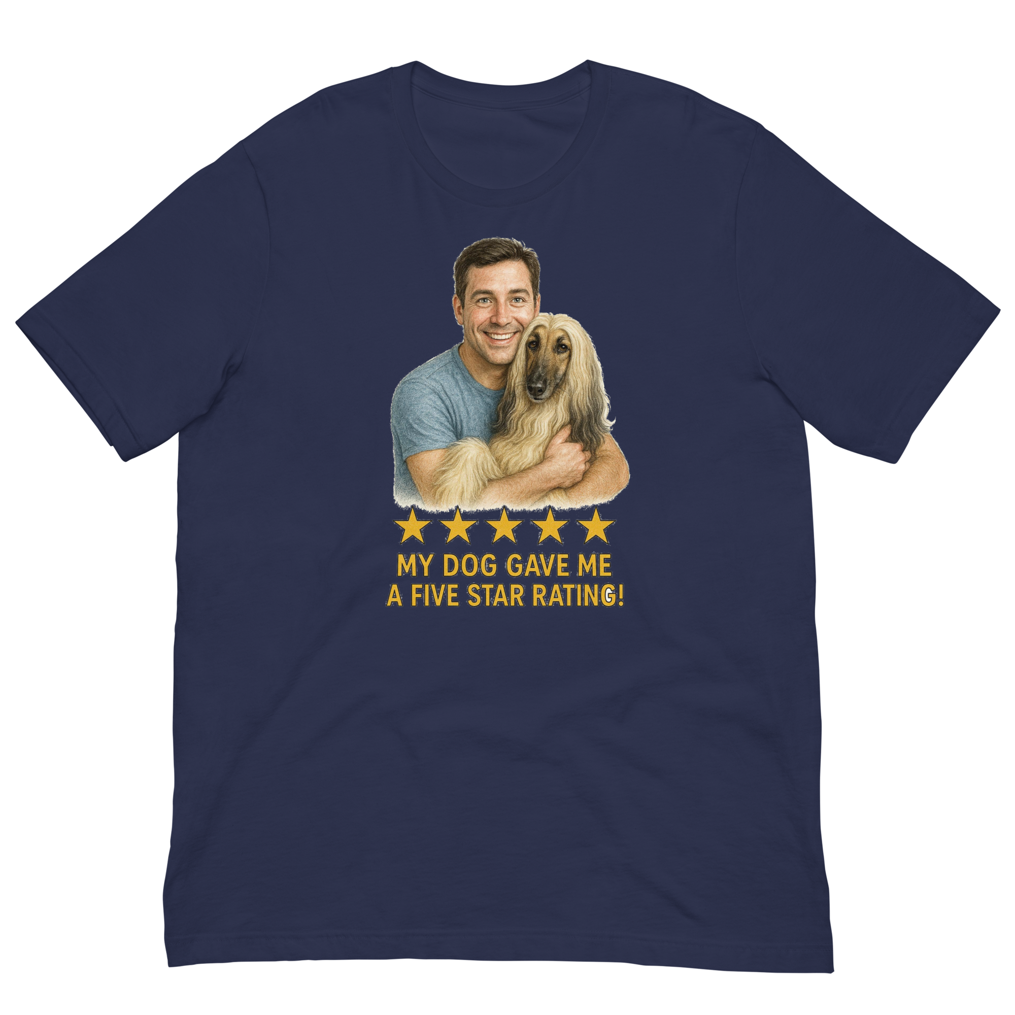 Brunette Man with Afghan Hound graphic tee.
