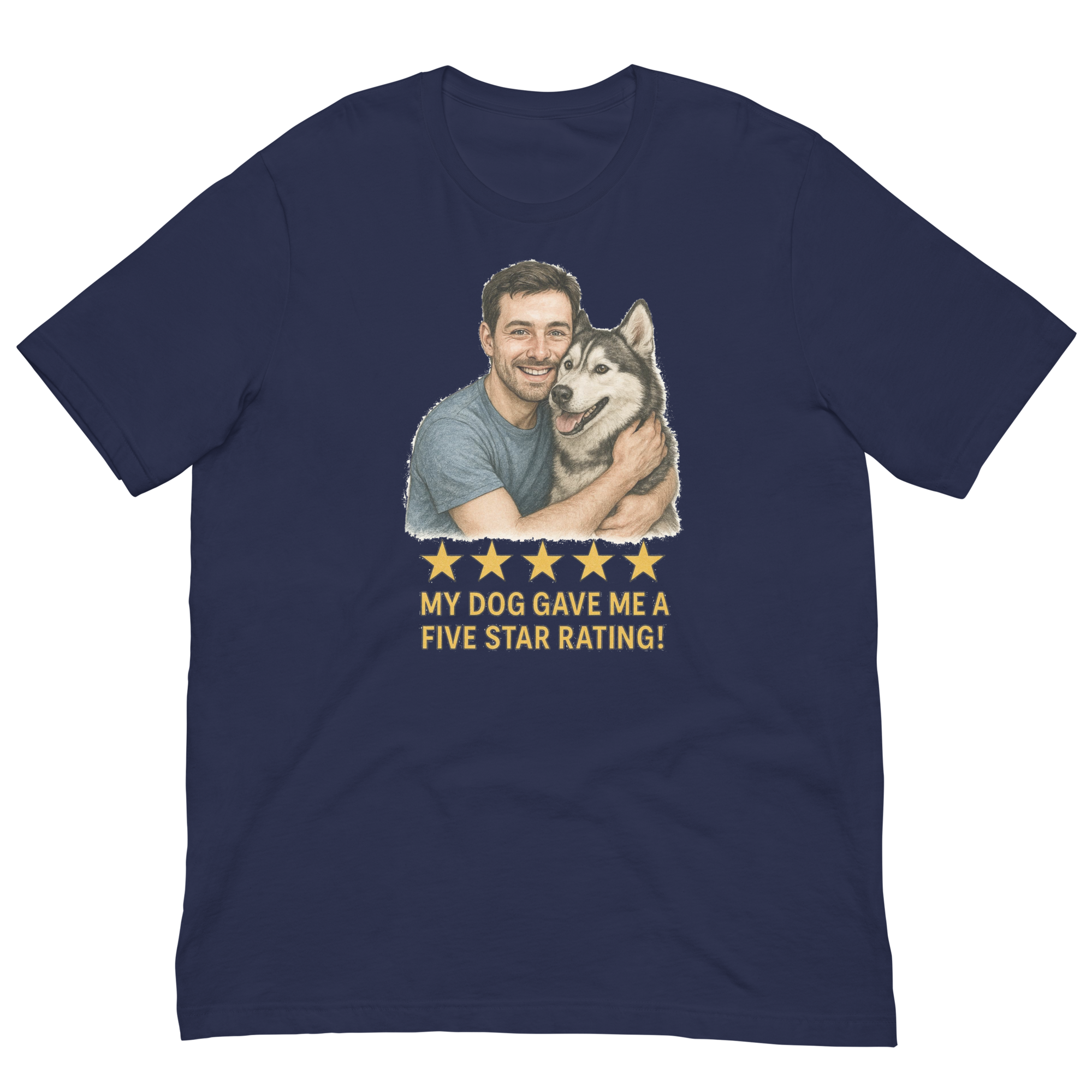 Brunette Man with Alaskan Husky graphic tee.