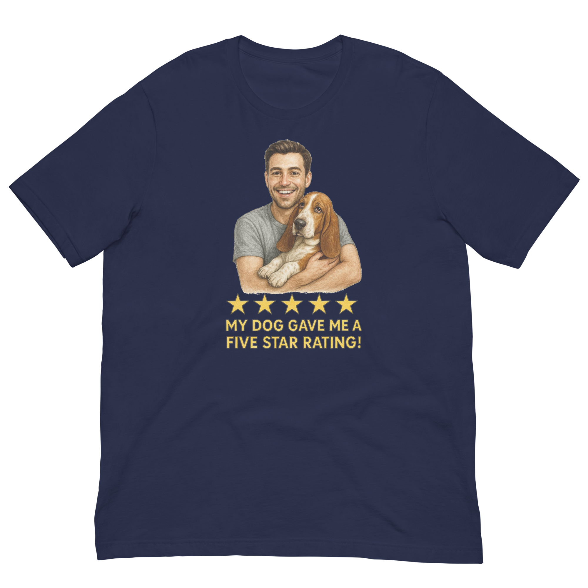 Brunette Man with Basset Hound graphic tee.