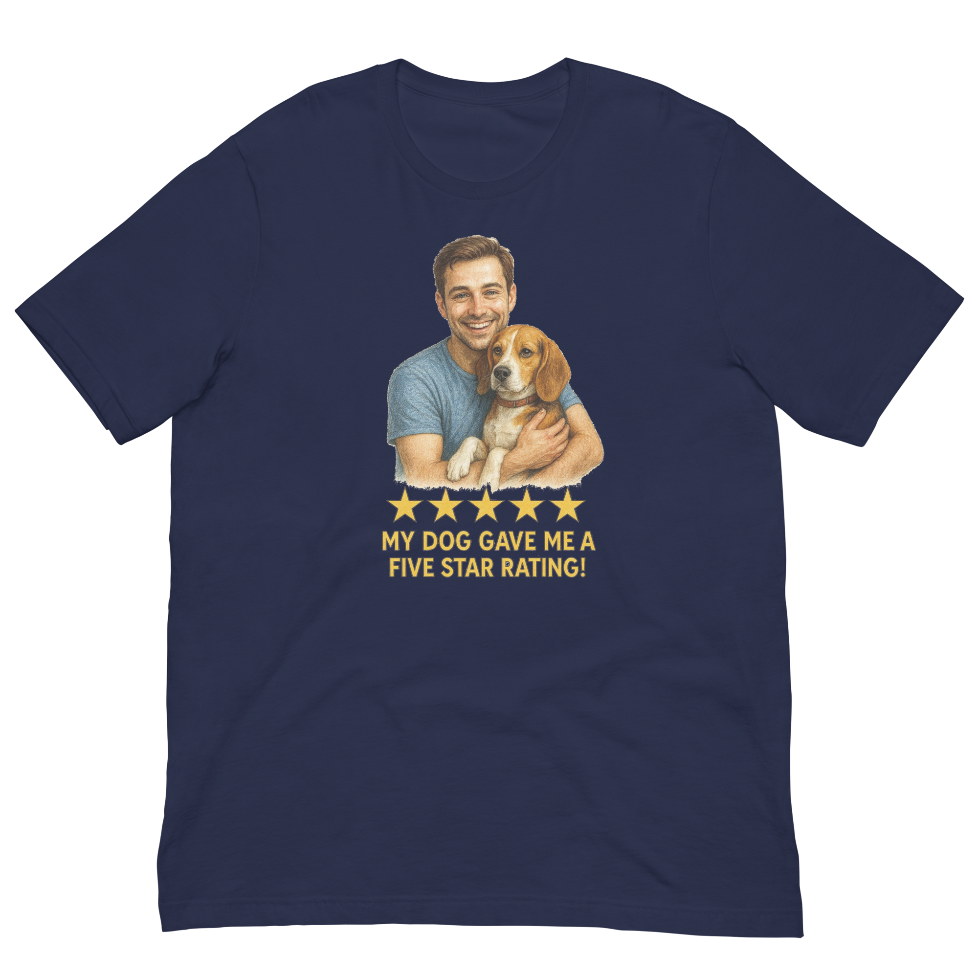 Brunette Man with Beagle graphic tee.