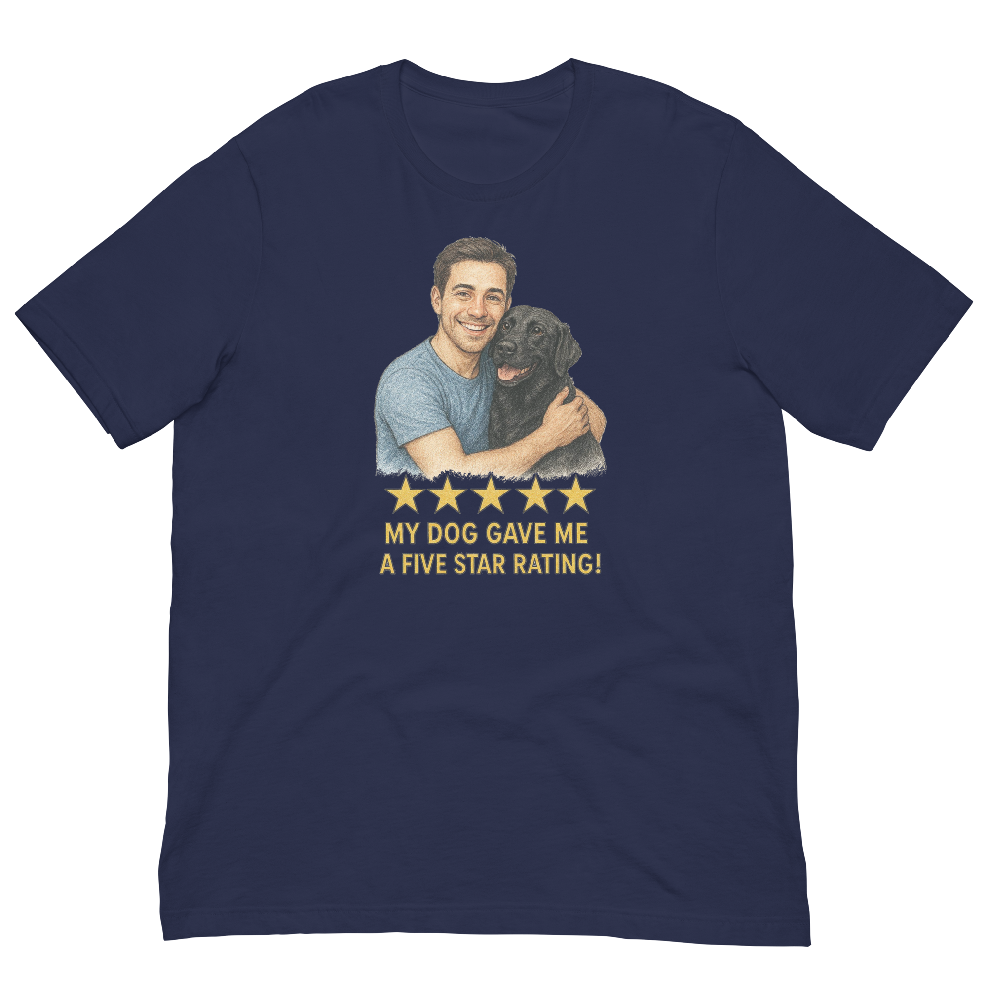 Brunette Man with Black Labrador graphic tee.
